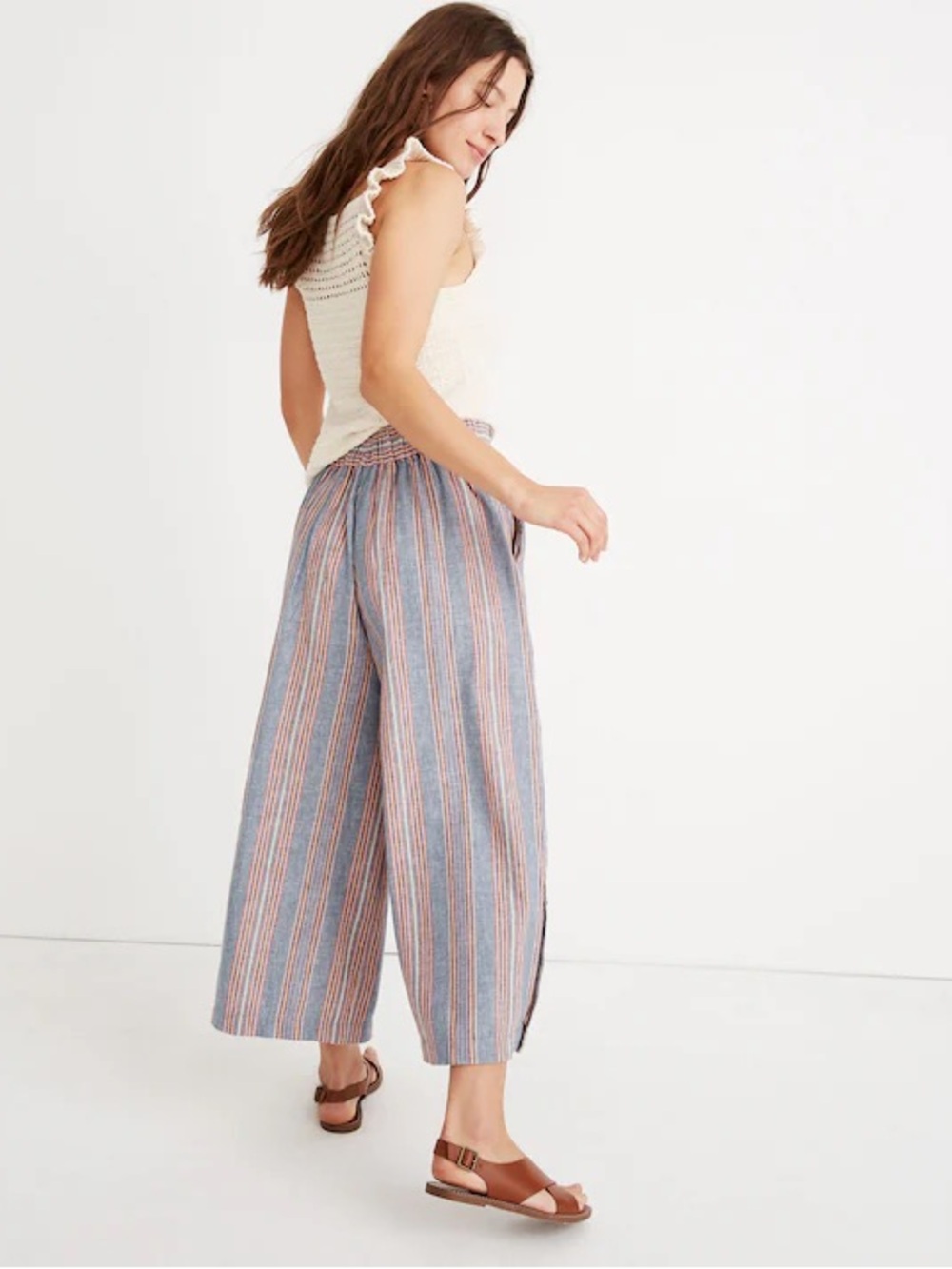 EUC Madewell Linen Side-Button Huston Pull-On Crop Pants in Rainbow Stripe